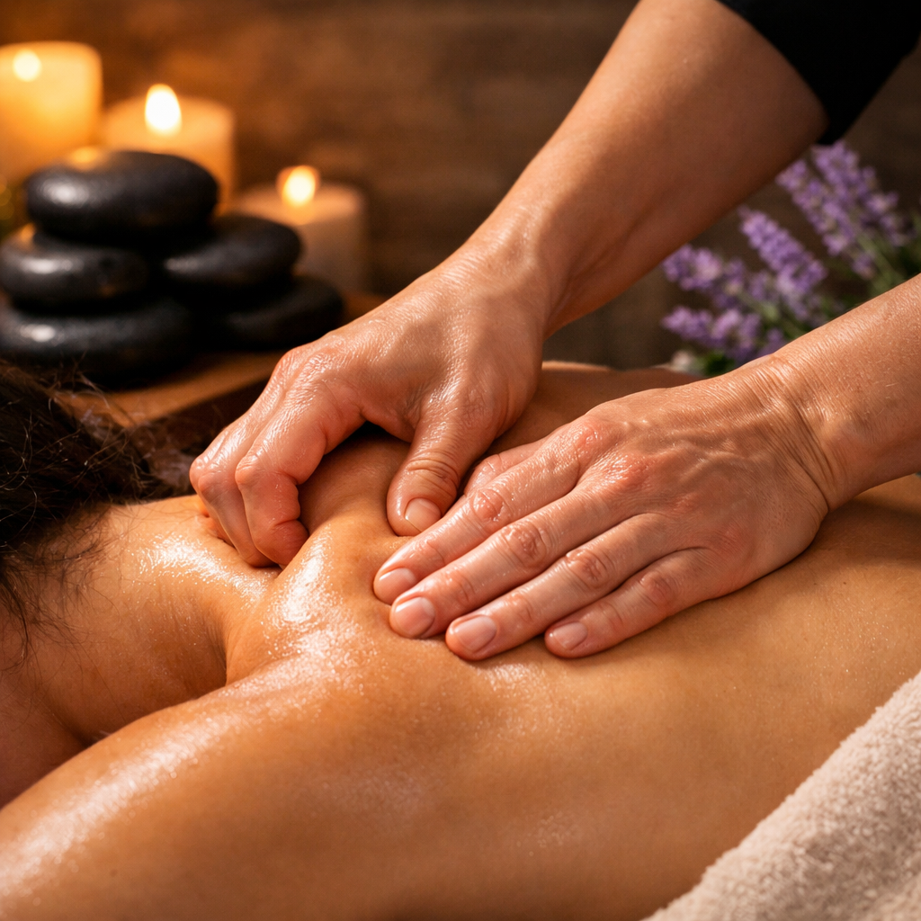 A massage therapist working on a client with hot stones and lavender in the background