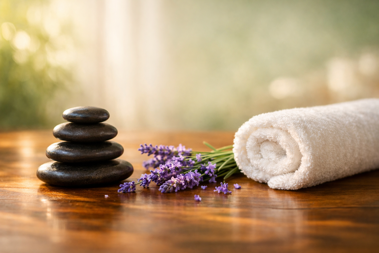 Stacked hot stones, lavender, and a warm towel in a spa setting